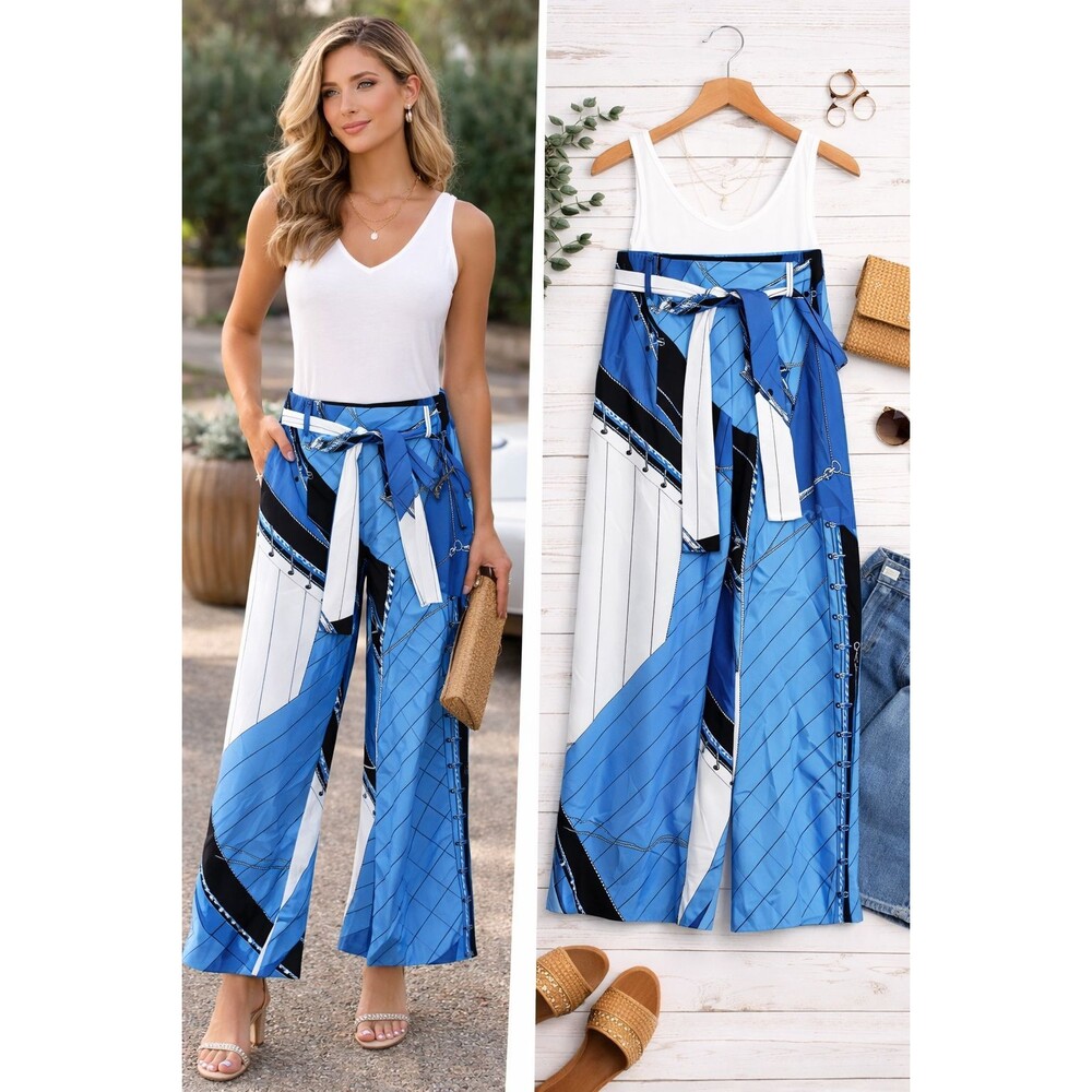 J. Crew Vibrant Blue and White Patterned Wide Leg Pants